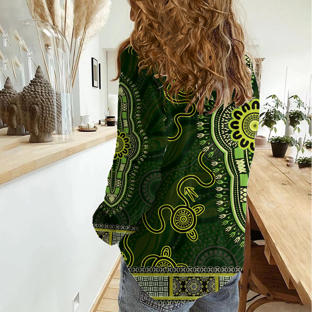 Lime Green African Dashiki With Australia Aboriginal Art Women Casual Shirt