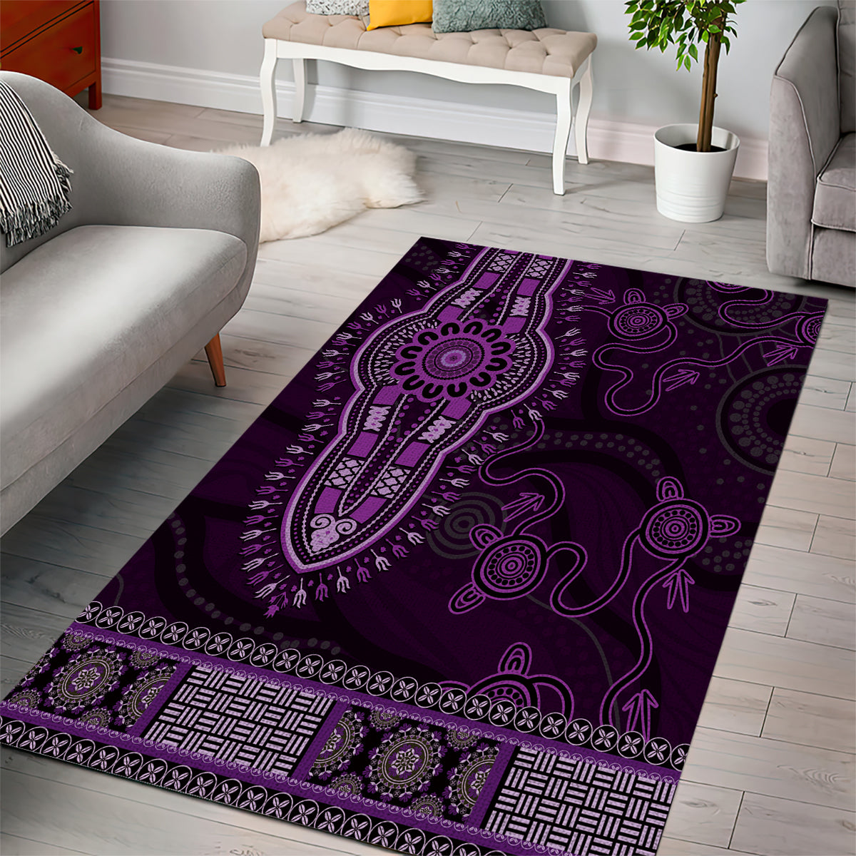 Purple African Dashiki With Australia Aboriginal Art Area Rug