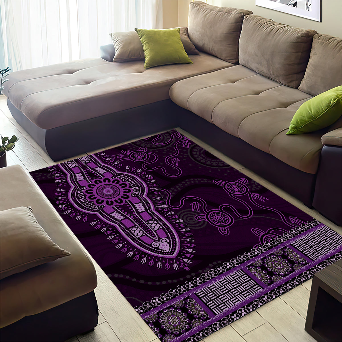 Purple African Dashiki With Australia Aboriginal Art Area Rug