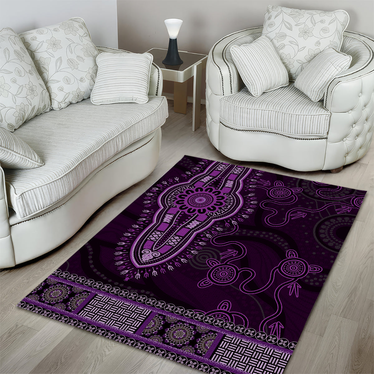 Purple African Dashiki With Australia Aboriginal Art Area Rug