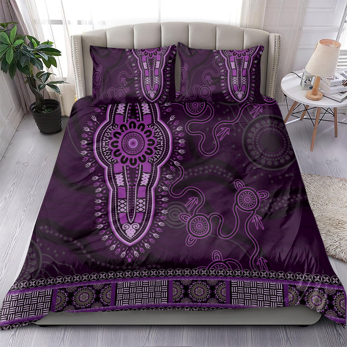 Purple African Dashiki With Australia Aboriginal Art Bedding Set