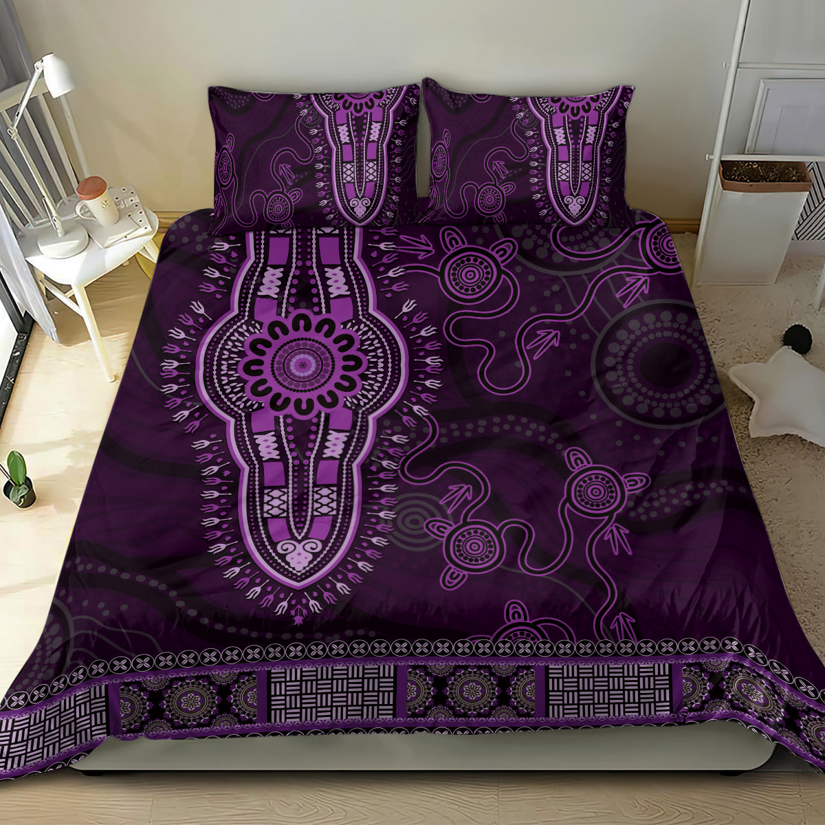 Purple African Dashiki With Australia Aboriginal Art Bedding Set