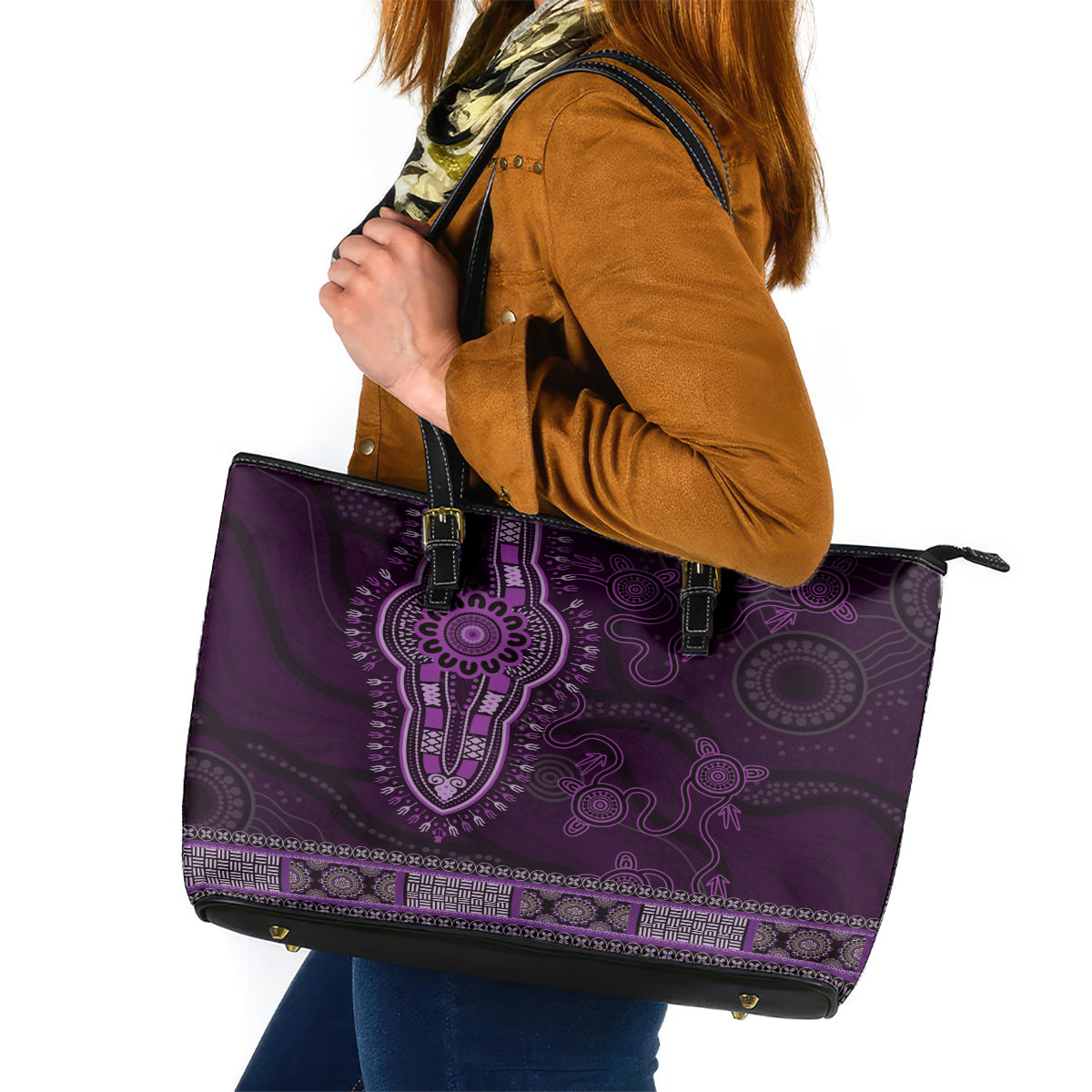 Purple African Dashiki With Australia Aboriginal Art Leather Tote Bag