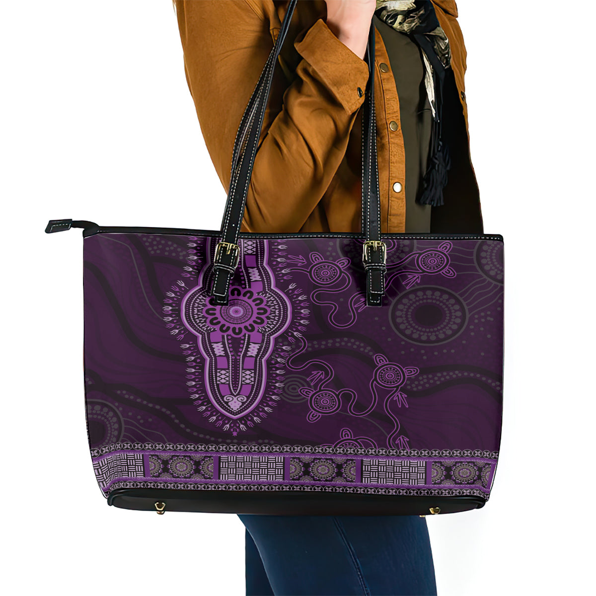 Purple African Dashiki With Australia Aboriginal Art Leather Tote Bag