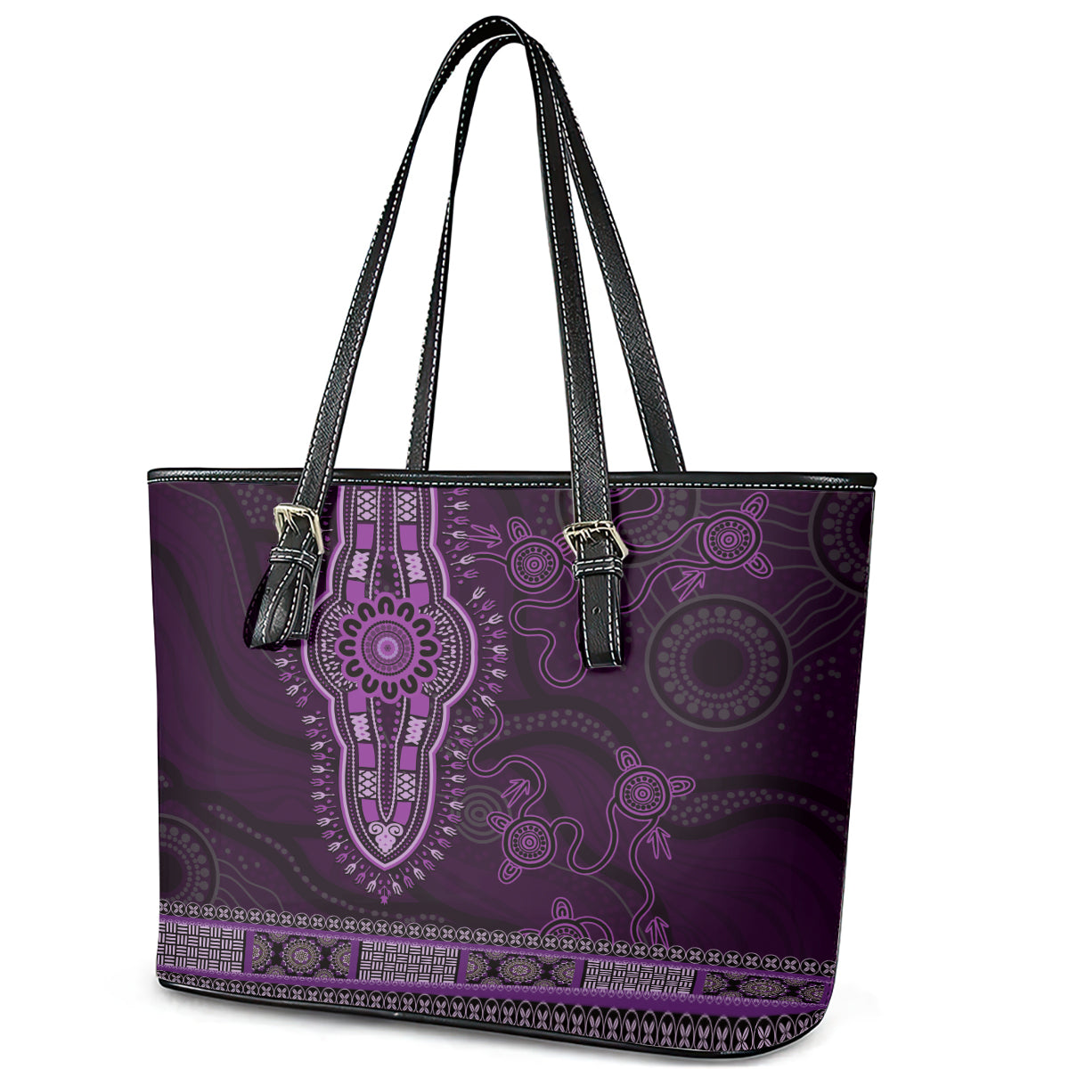 Purple African Dashiki With Australia Aboriginal Art Leather Tote Bag