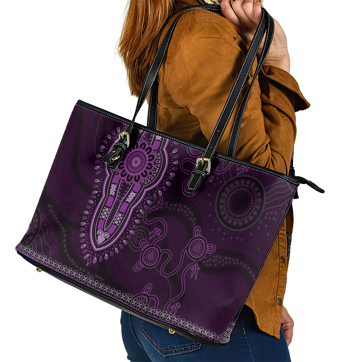 Purple African Dashiki With Australia Aboriginal Art Leather Tote Bag