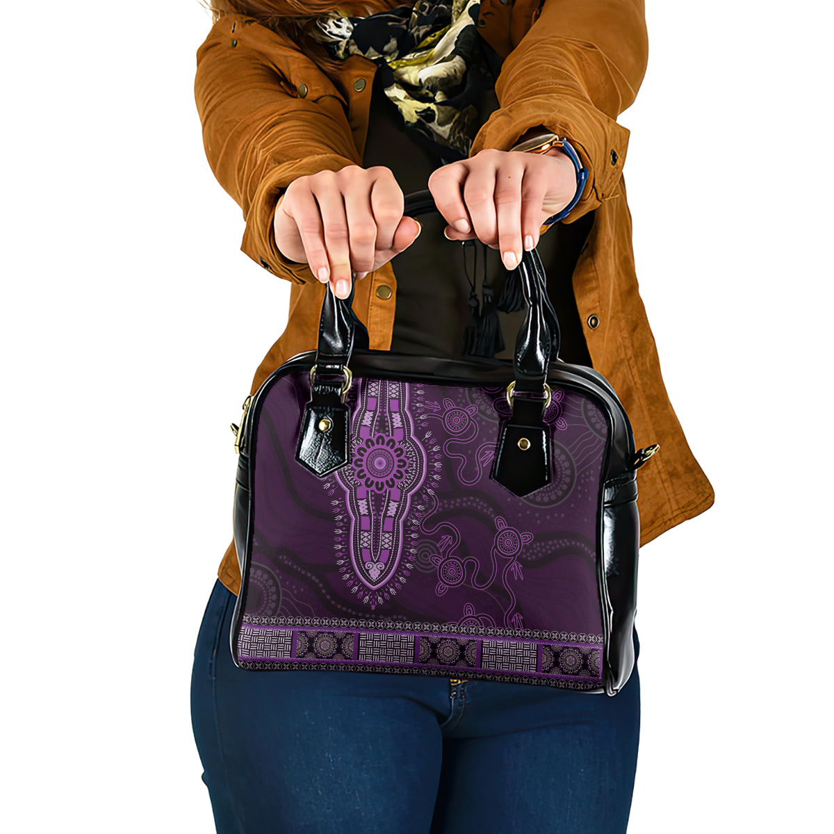 Purple African Dashiki With Australia Aboriginal Art Shoulder Handbag