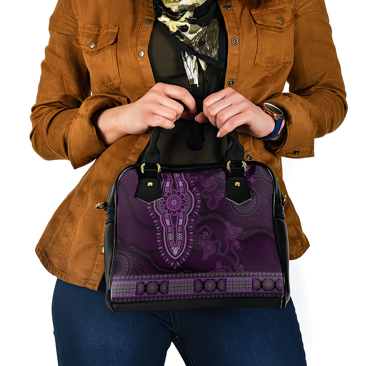 Purple African Dashiki With Australia Aboriginal Art Shoulder Handbag