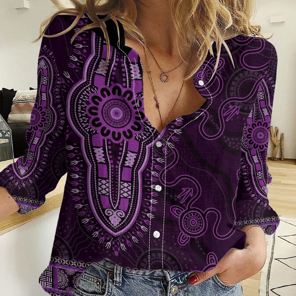 Purple African Dashiki With Australia Aboriginal Art Women Casual Shirt