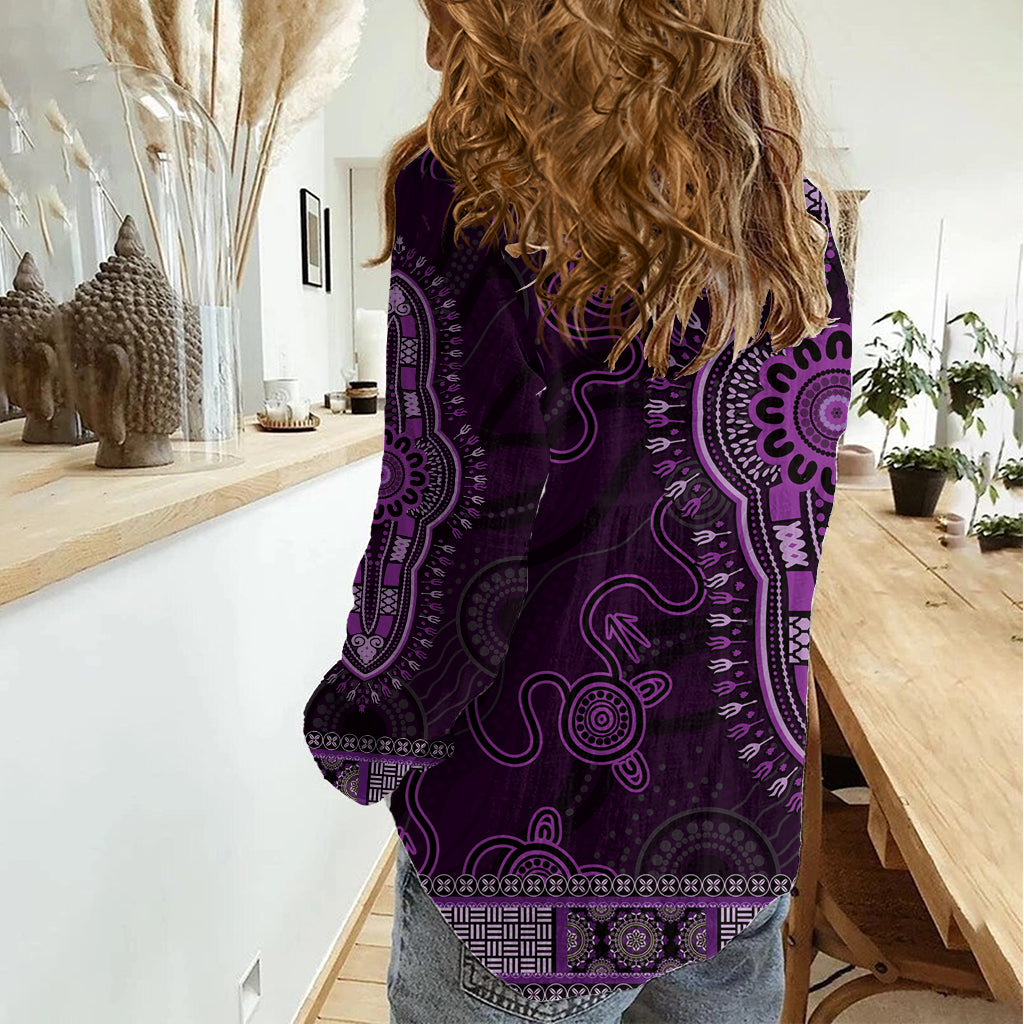 Purple African Dashiki With Australia Aboriginal Art Women Casual Shirt