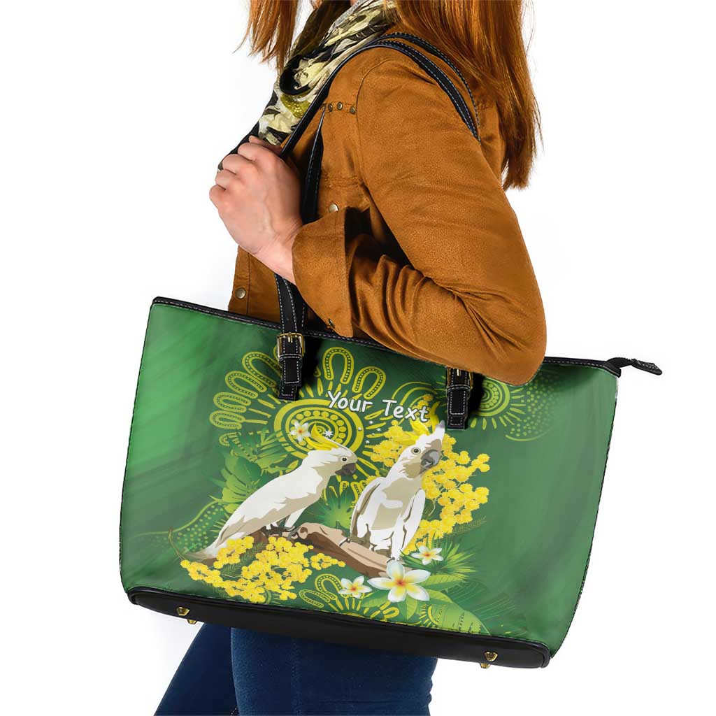 Personalised Australia Golden Wattle And Cacatua Galerita Leather Tote Bag Aboriginal Art