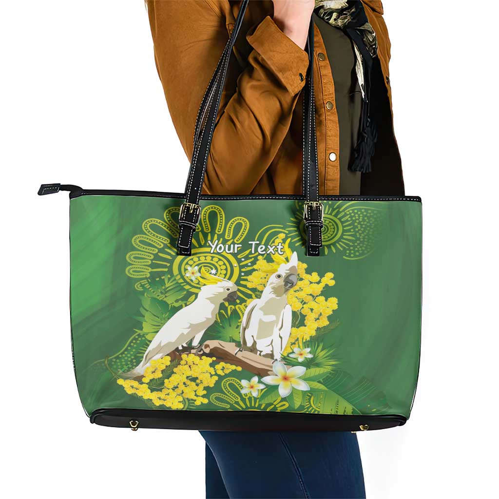 Personalised Australia Golden Wattle And Cacatua Galerita Leather Tote Bag Aboriginal Art