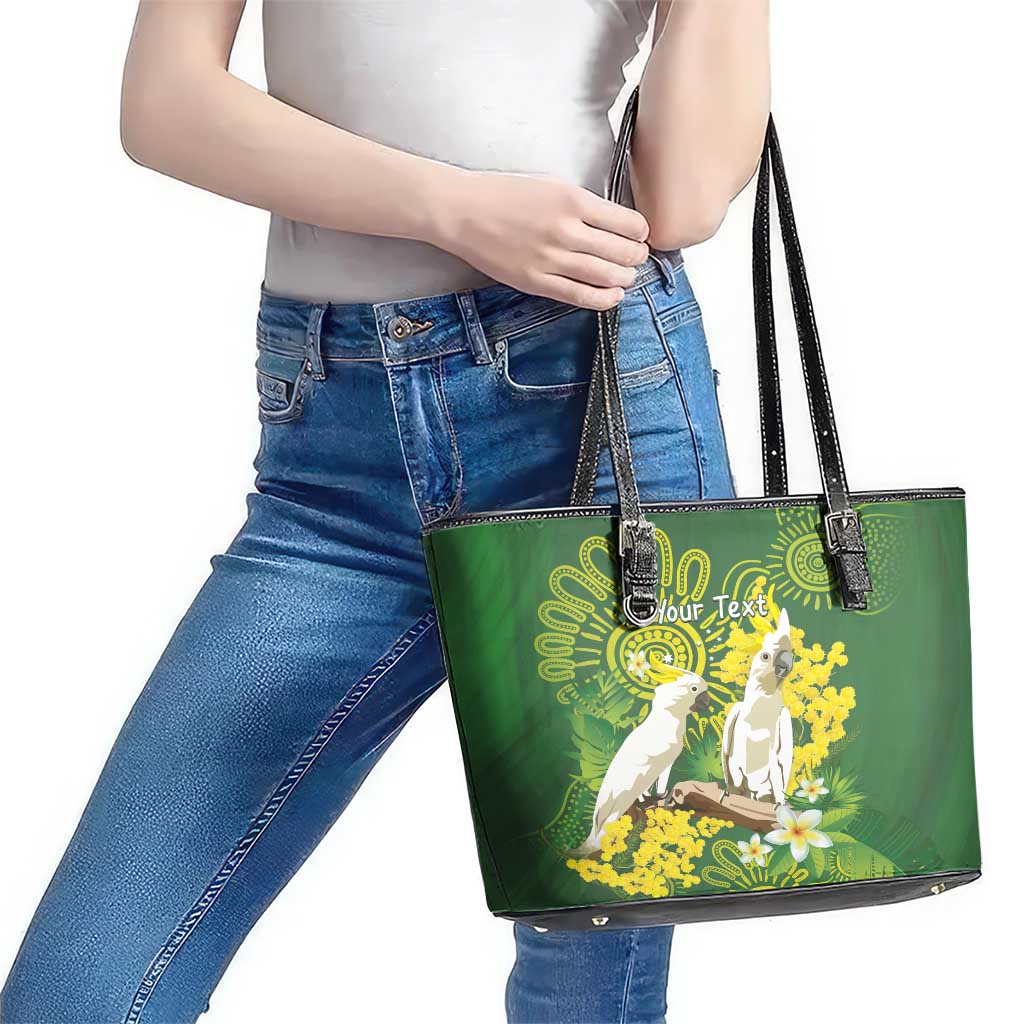 Personalised Australia Golden Wattle And Cacatua Galerita Leather Tote Bag Aboriginal Art