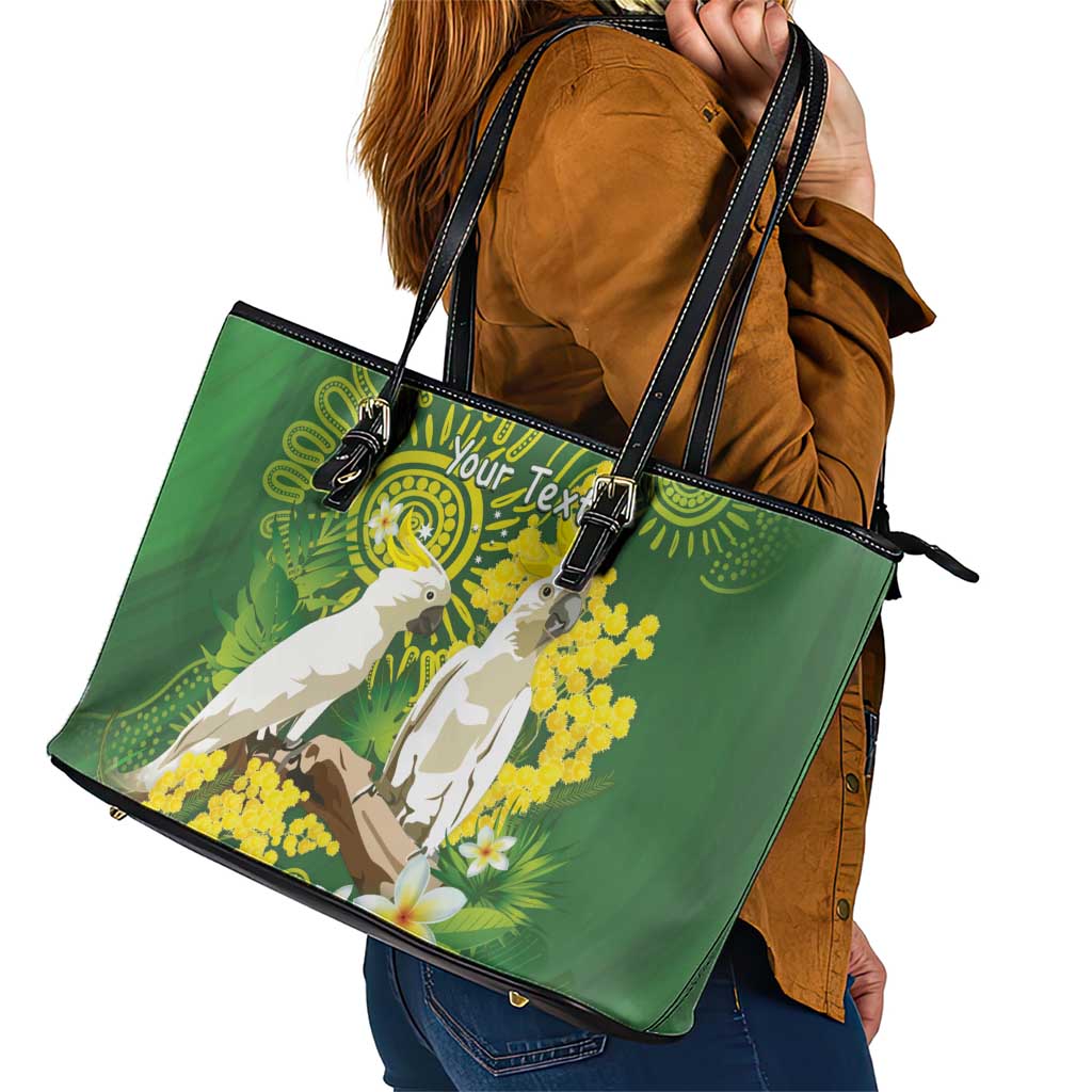 Personalised Australia Golden Wattle And Cacatua Galerita Leather Tote Bag Aboriginal Art