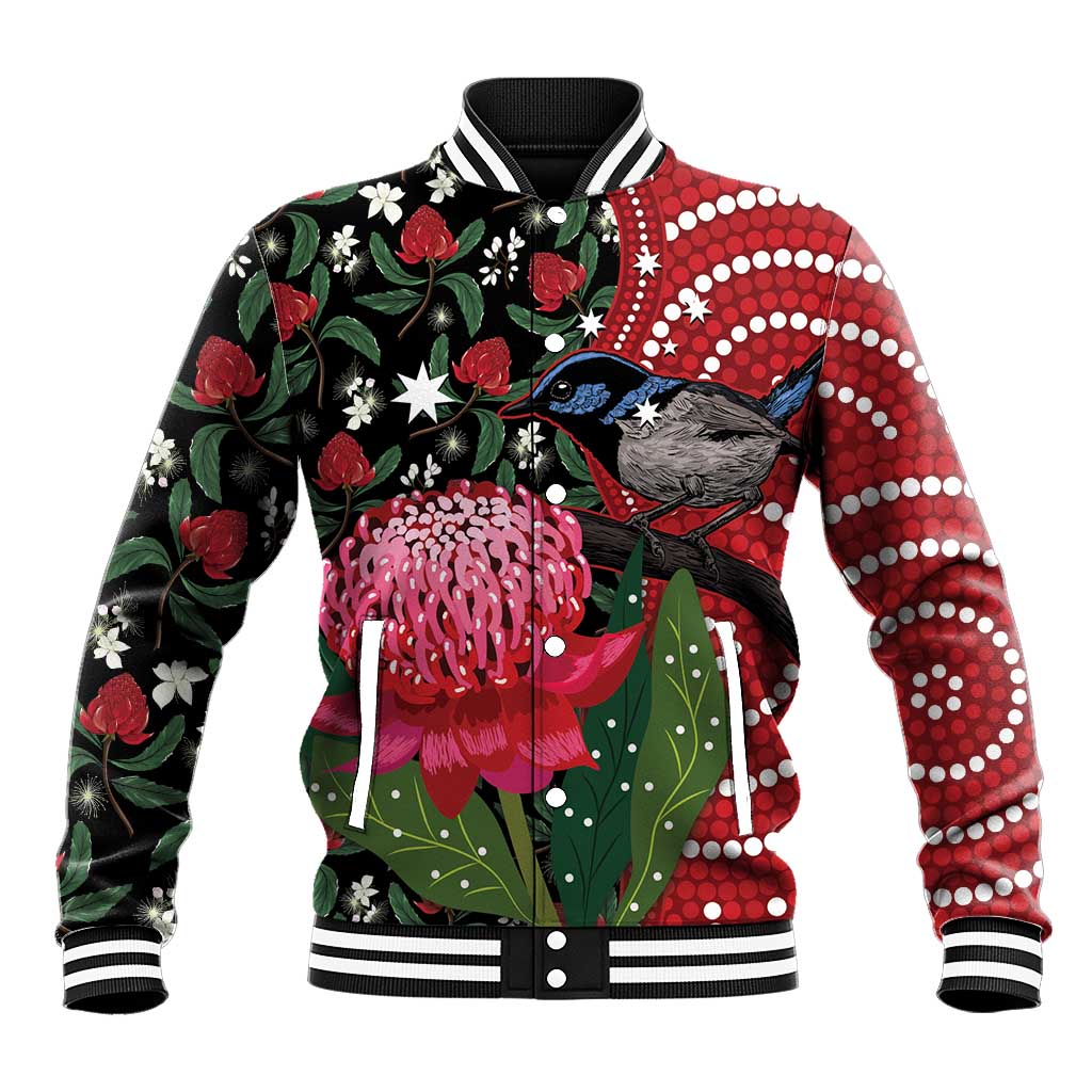 Personalised Australia Waratah And Superb Fairywren Baseball Jacket Aboriginal Art