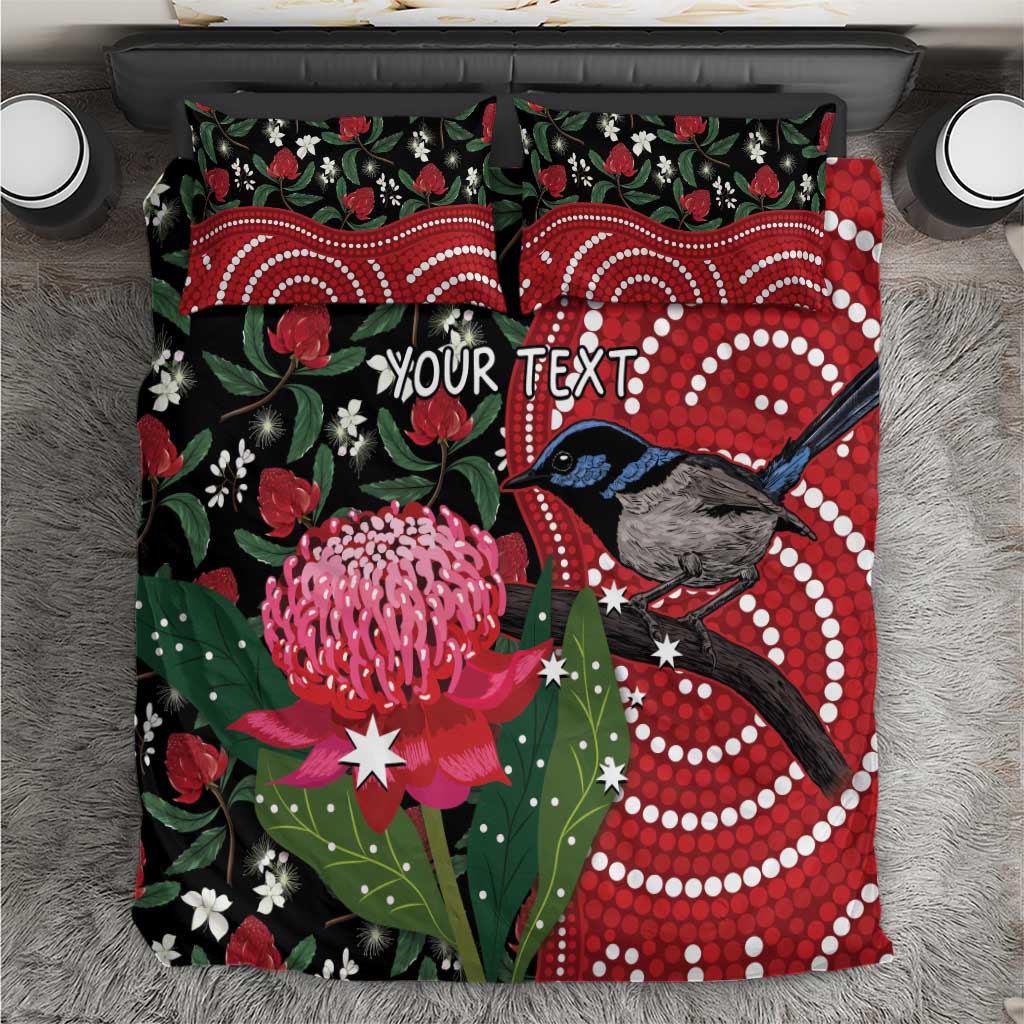 Personalised Australia Waratah And Superb Fairywren Bedding Set Aboriginal Art