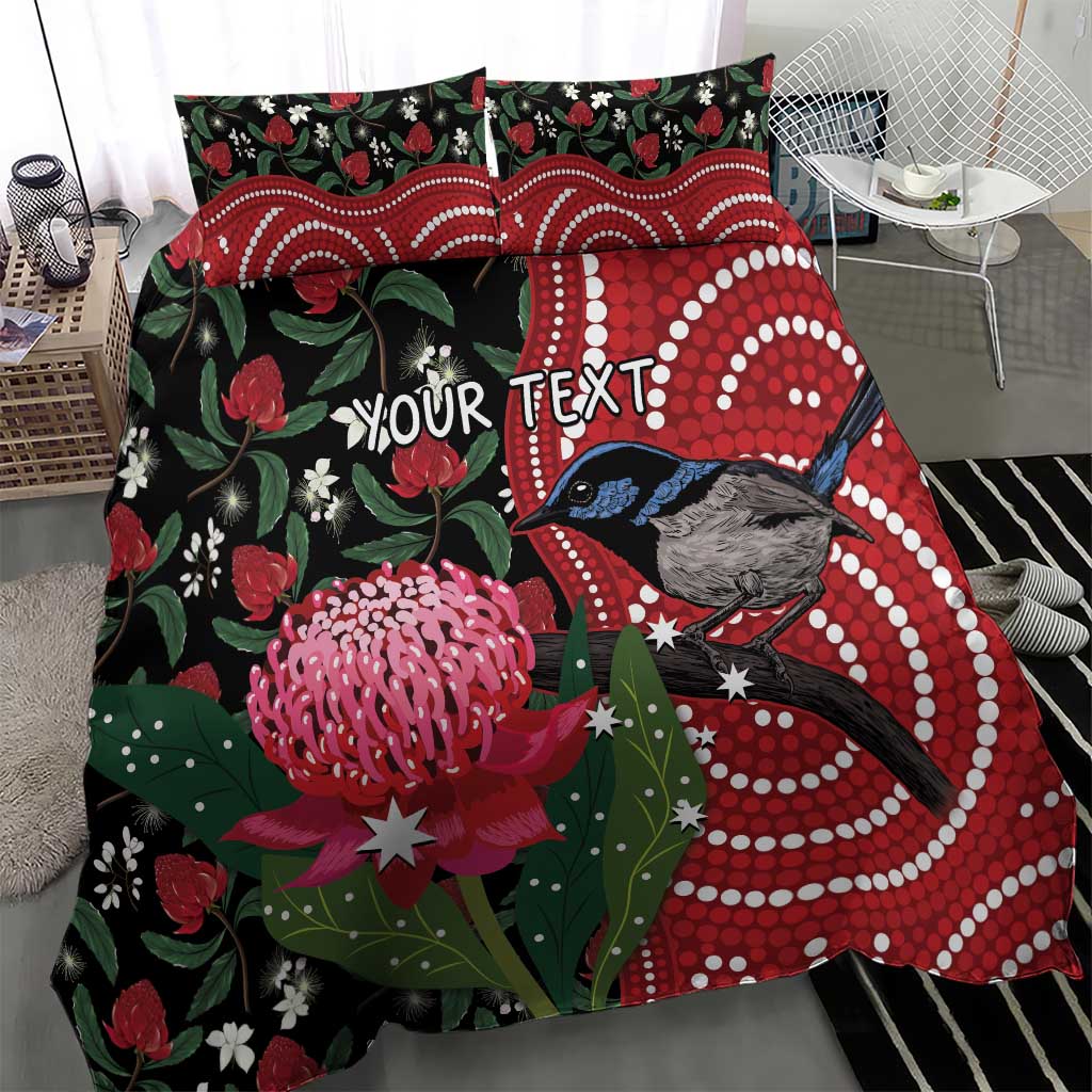 Personalised Australia Waratah And Superb Fairywren Bedding Set Aboriginal Art