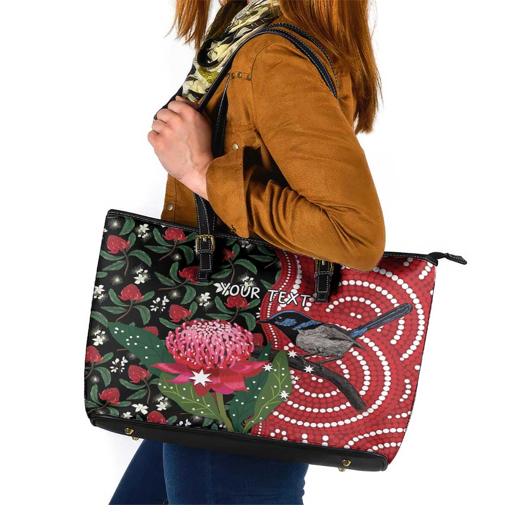 Personalised Australia Waratah And Superb Fairywren Leather Tote Bag Aboriginal Art