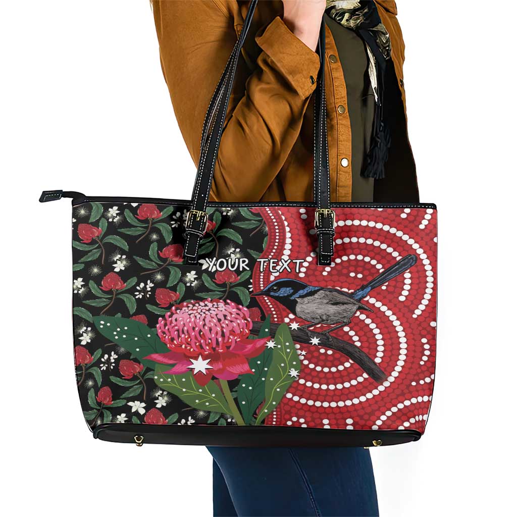 Personalised Australia Waratah And Superb Fairywren Leather Tote Bag Aboriginal Art