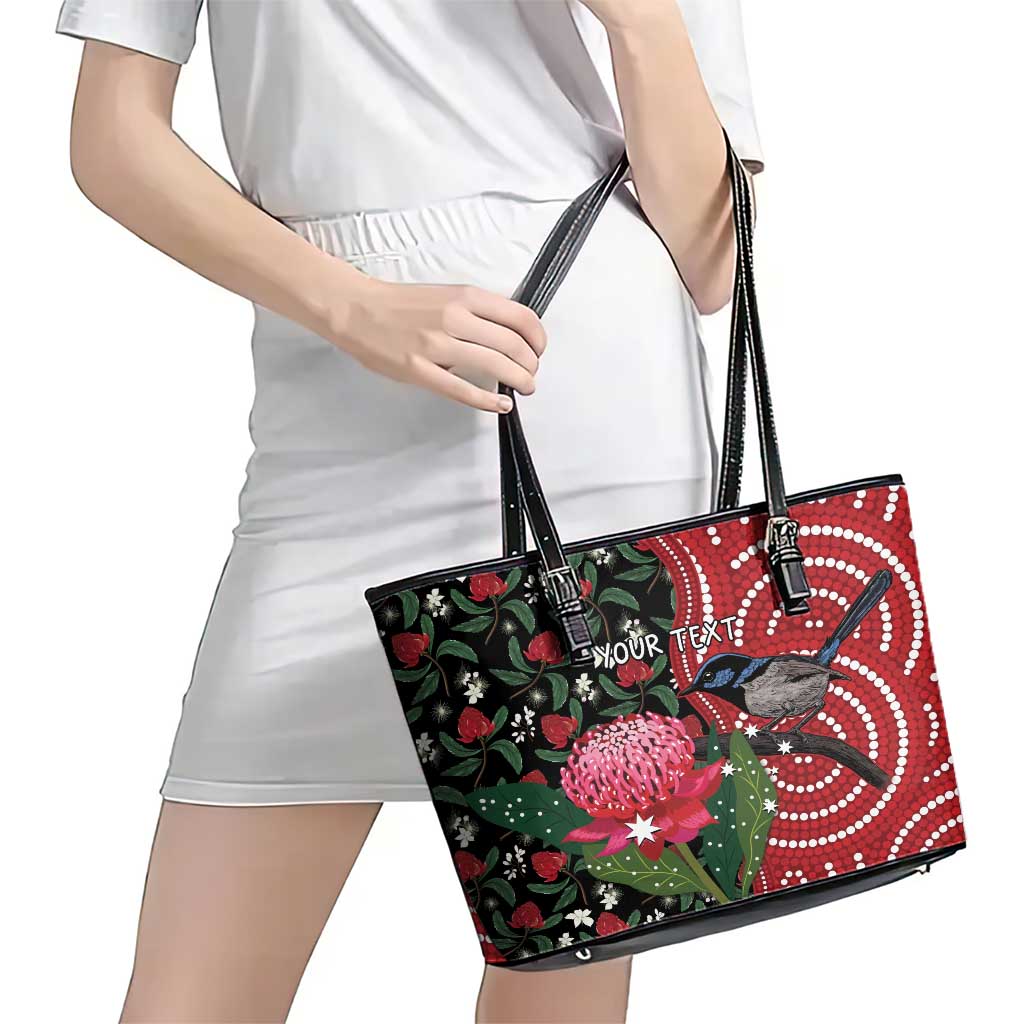 Personalised Australia Waratah And Superb Fairywren Leather Tote Bag Aboriginal Art