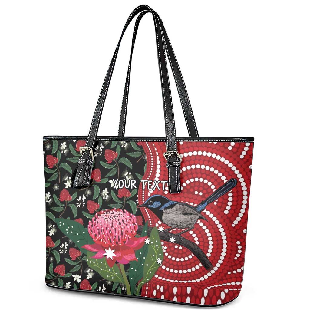 Personalised Australia Waratah And Superb Fairywren Leather Tote Bag Aboriginal Art