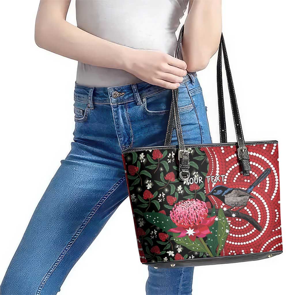 Personalised Australia Waratah And Superb Fairywren Leather Tote Bag Aboriginal Art