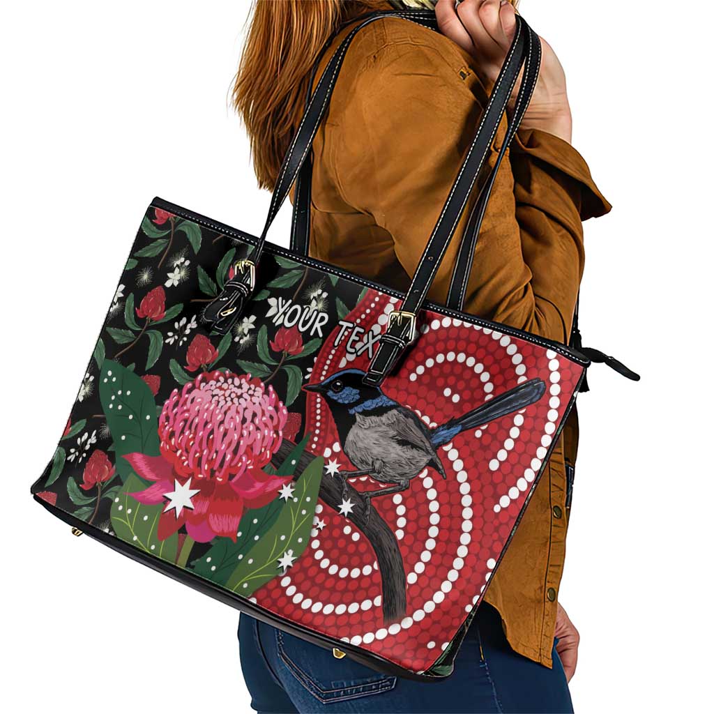 Personalised Australia Waratah And Superb Fairywren Leather Tote Bag Aboriginal Art