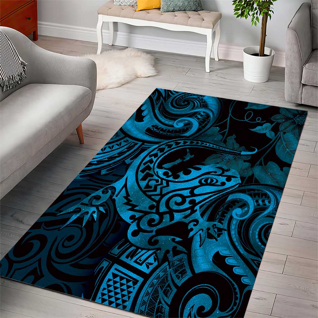 New Zealand Tuatara Area Rug Aotearoa Maori Clematis Flowers - Blue