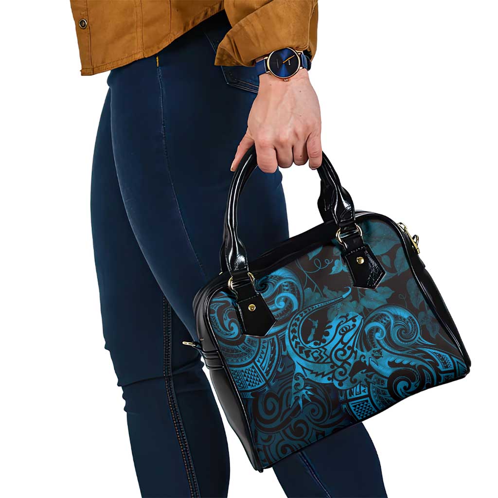 New Zealand Tuatara Shoulder Handbag Aotearoa Maori Clematis Flowers - Blue