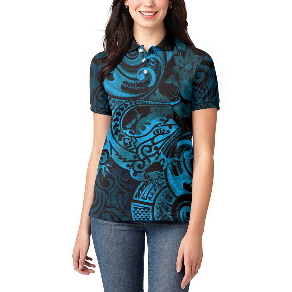 New Zealand Tuatara Women Polo Shirt Aotearoa Maori Clematis Flowers - Blue