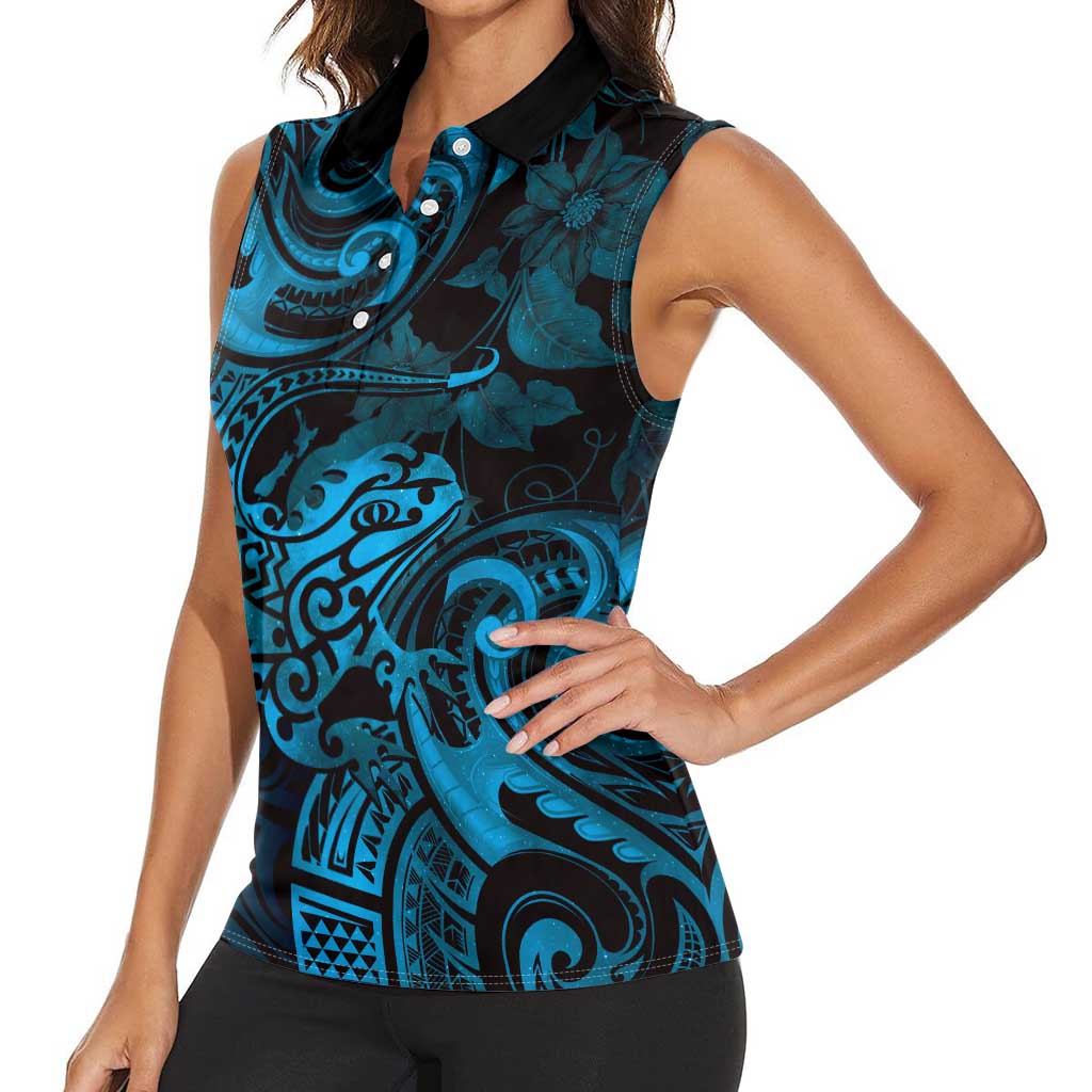 New Zealand Tuatara Women Sleeveless Polo Shirt Aotearoa Maori Clematis Flowers - Blue