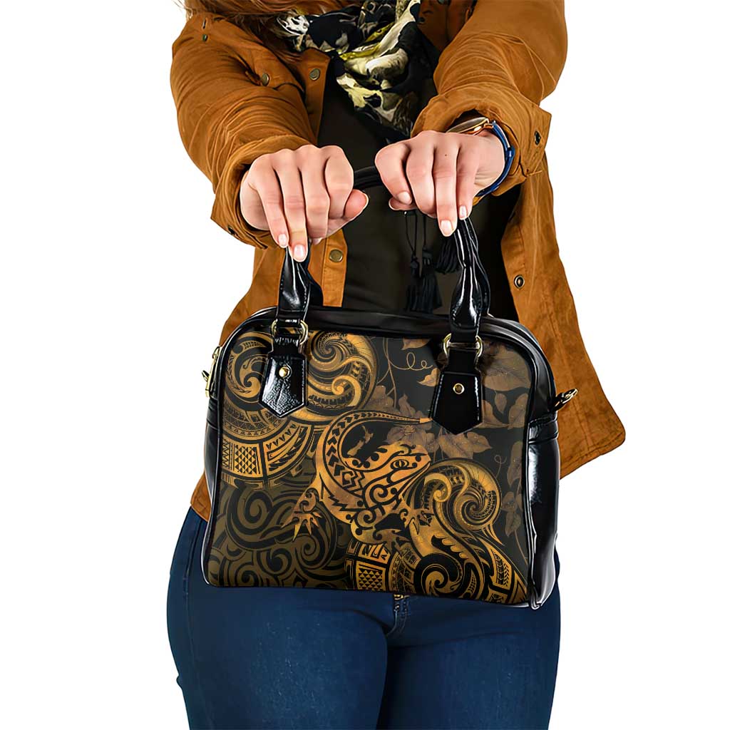 New Zealand Tuatara Shoulder Handbag Aotearoa Maori Clematis Flowers - Gold