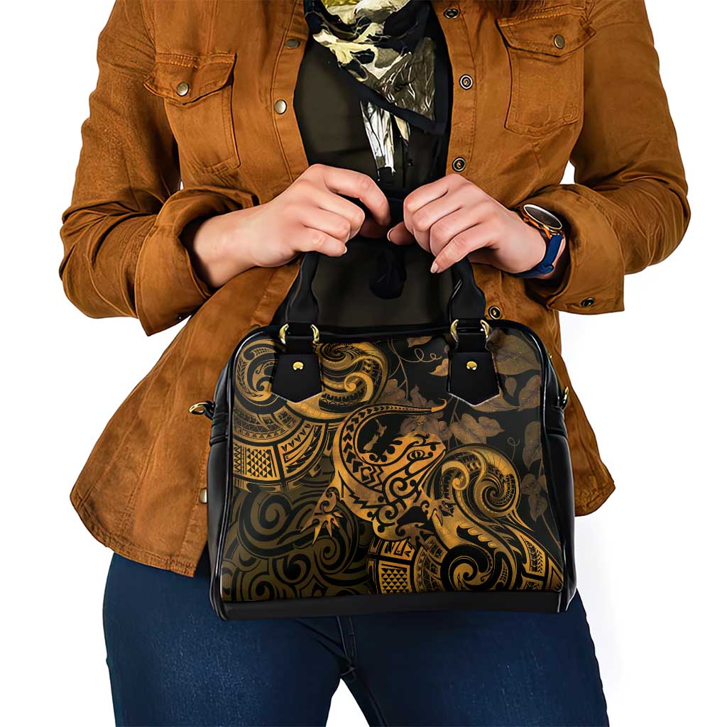 New Zealand Tuatara Shoulder Handbag Aotearoa Maori Clematis Flowers - Gold