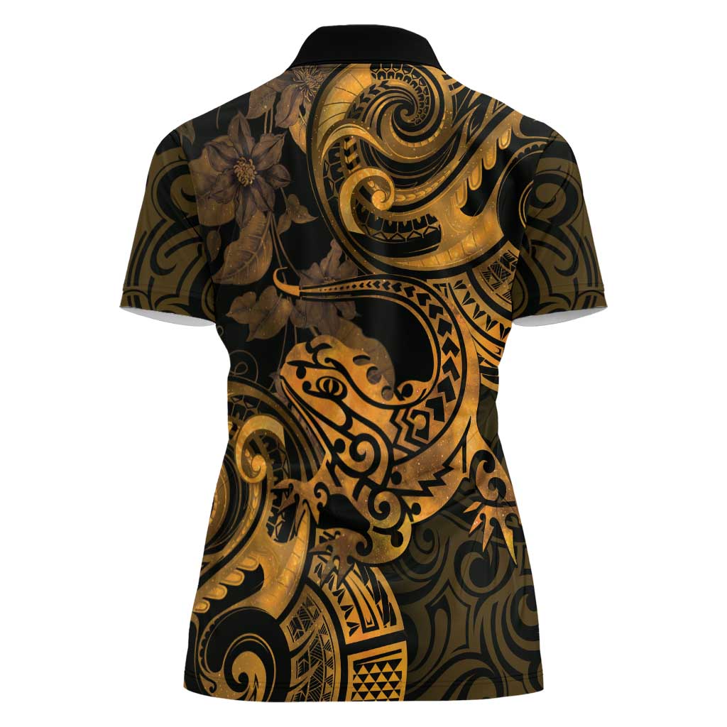 New Zealand Tuatara Women Polo Shirt Aotearoa Maori Clematis Flowers - Gold