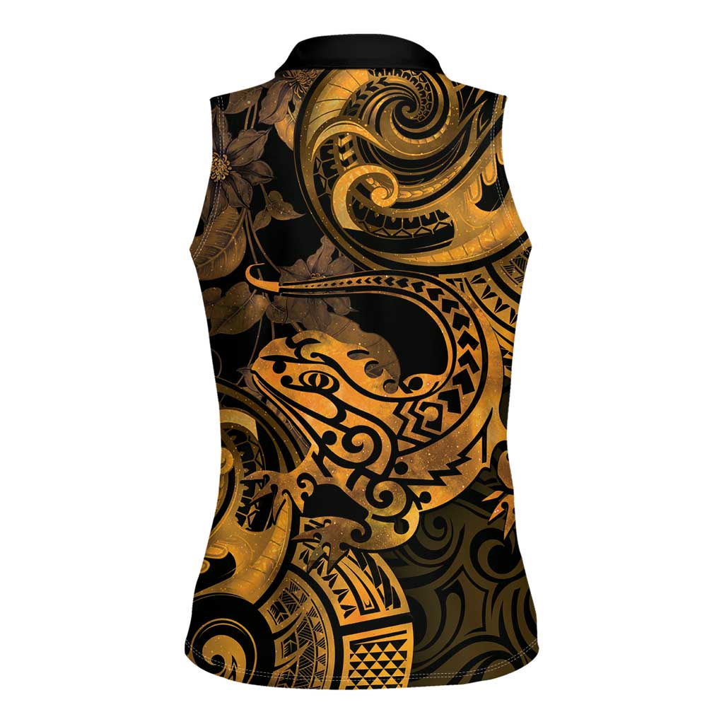 New Zealand Tuatara Women Sleeveless Polo Shirt Aotearoa Maori Clematis Flowers - Gold