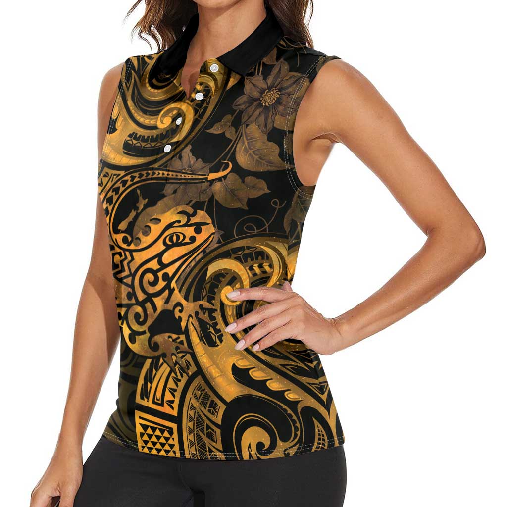 New Zealand Tuatara Women Sleeveless Polo Shirt Aotearoa Maori Clematis Flowers - Gold