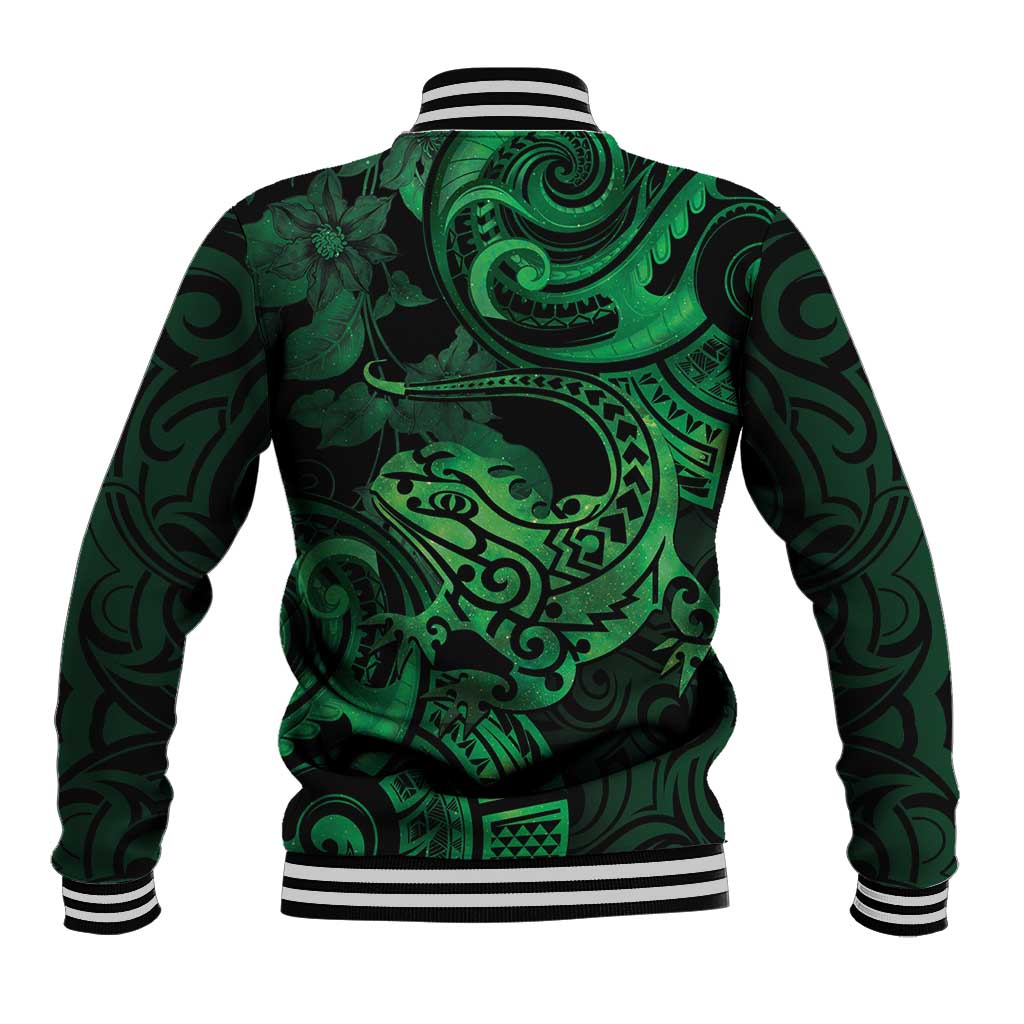 New Zealand Tuatara Baseball Jacket Aotearoa Maori Clematis Flowers - Green