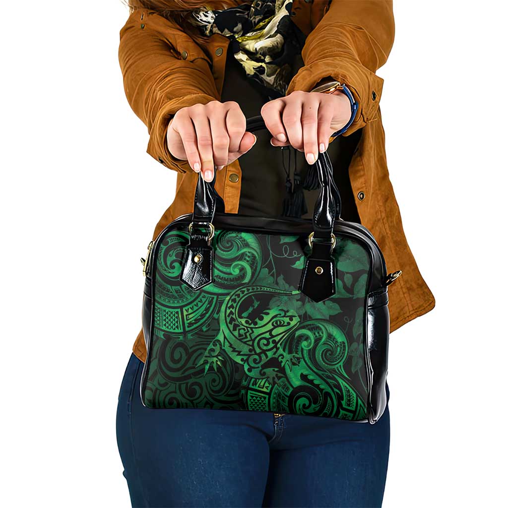 New Zealand Tuatara Shoulder Handbag Aotearoa Maori Clematis Flowers - Green