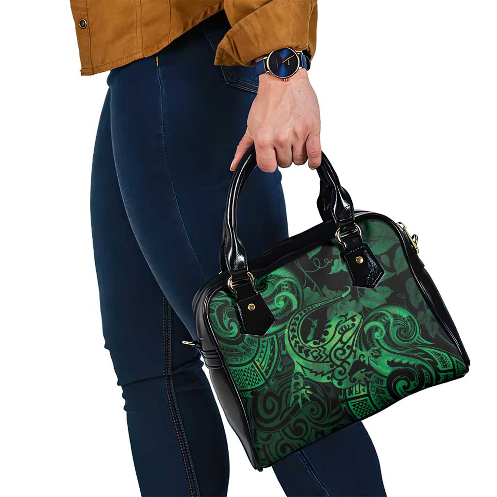 New Zealand Tuatara Shoulder Handbag Aotearoa Maori Clematis Flowers - Green