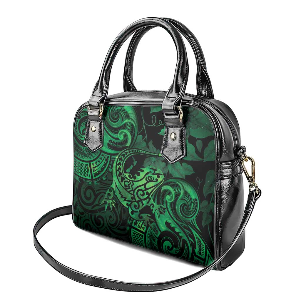 New Zealand Tuatara Shoulder Handbag Aotearoa Maori Clematis Flowers - Green