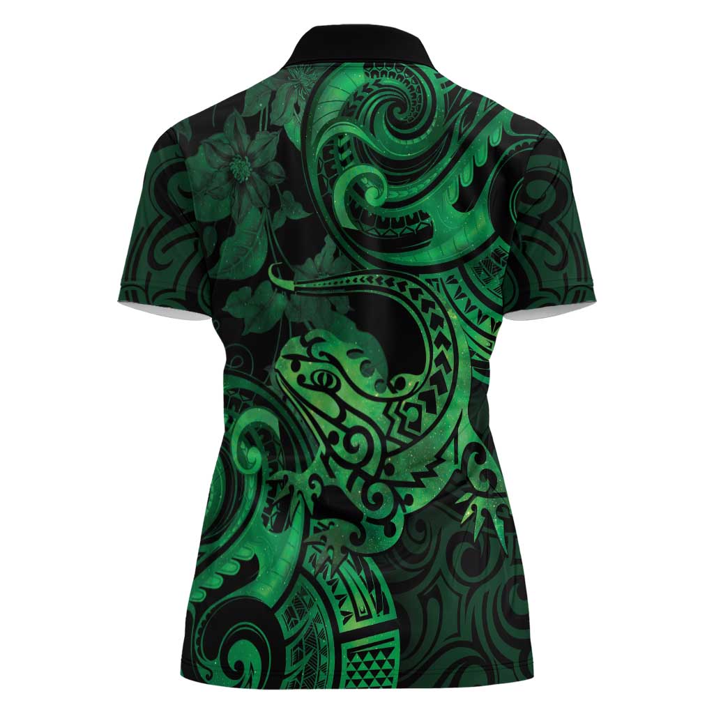 New Zealand Tuatara Women Polo Shirt Aotearoa Maori Clematis Flowers - Green