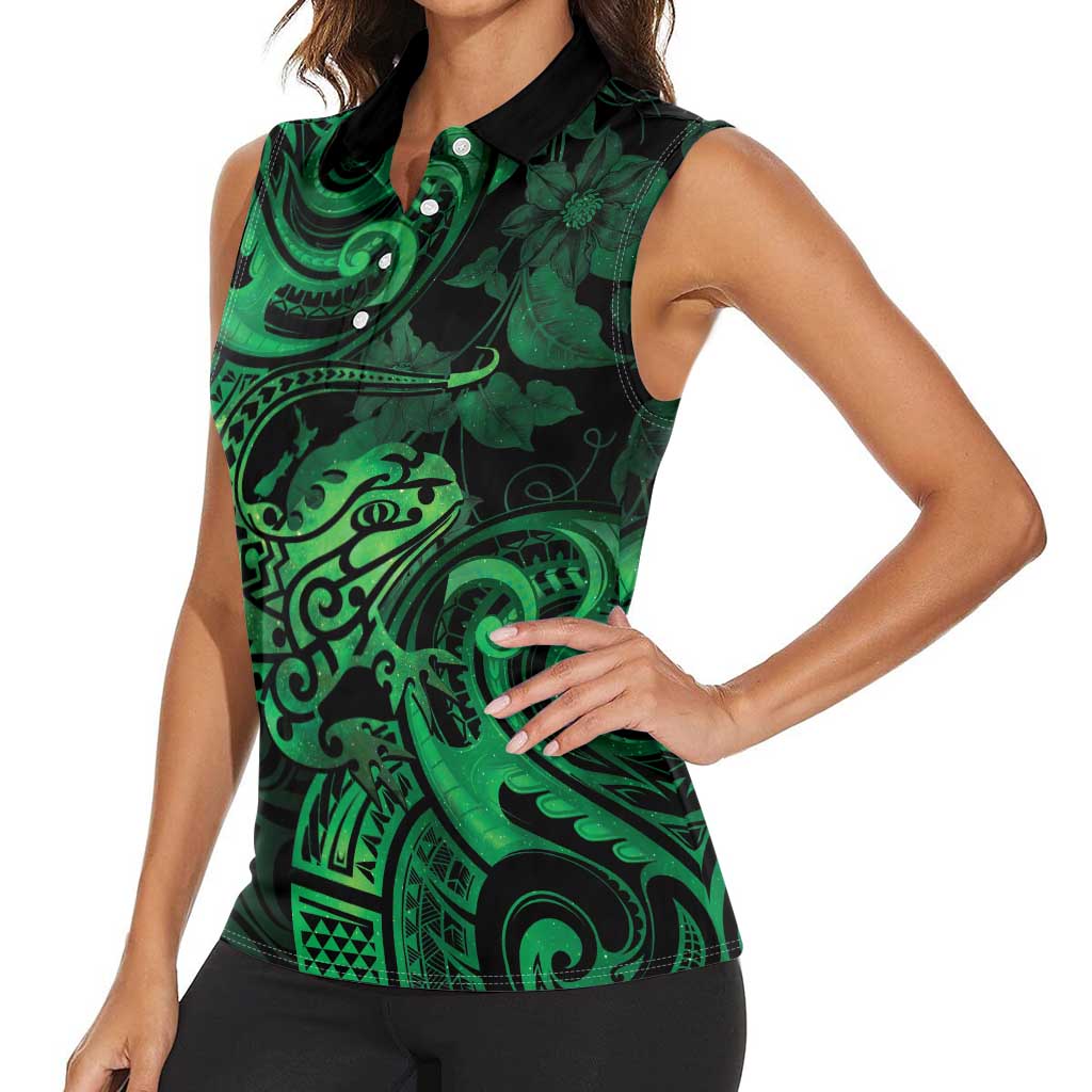 New Zealand Tuatara Women Sleeveless Polo Shirt Aotearoa Maori Clematis Flowers - Green