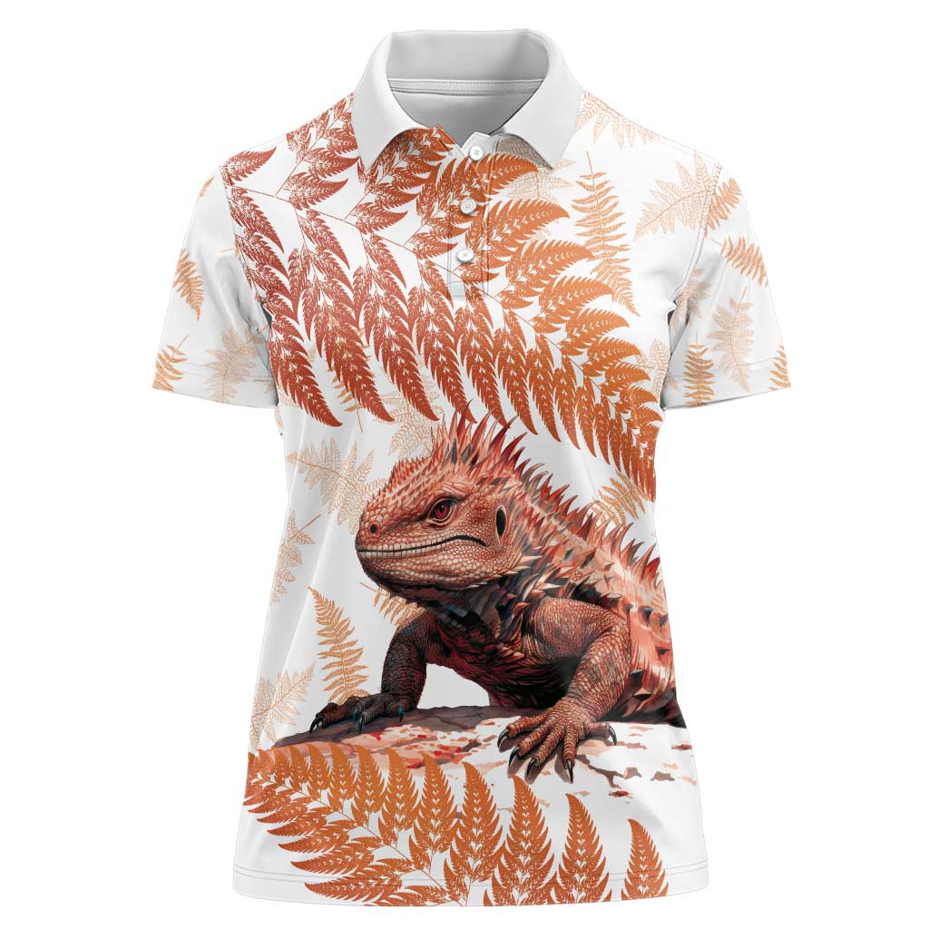 Red New Zealand Tuatara Women Polo Shirt Aotearoa Sphenodon Punctatus Silver Fern