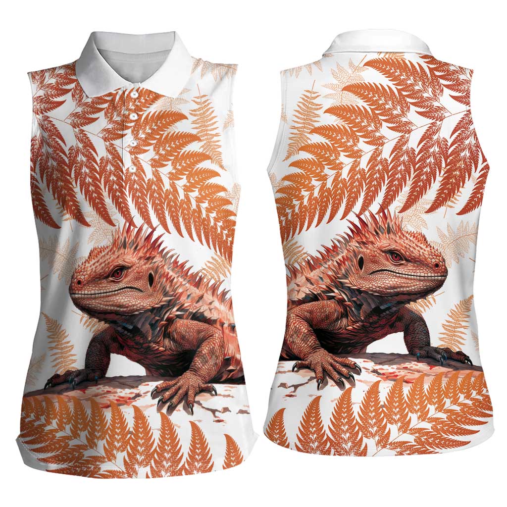 Red New Zealand Tuatara Women Sleeveless Polo Shirt Aotearoa Sphenodon Punctatus Silver Fern