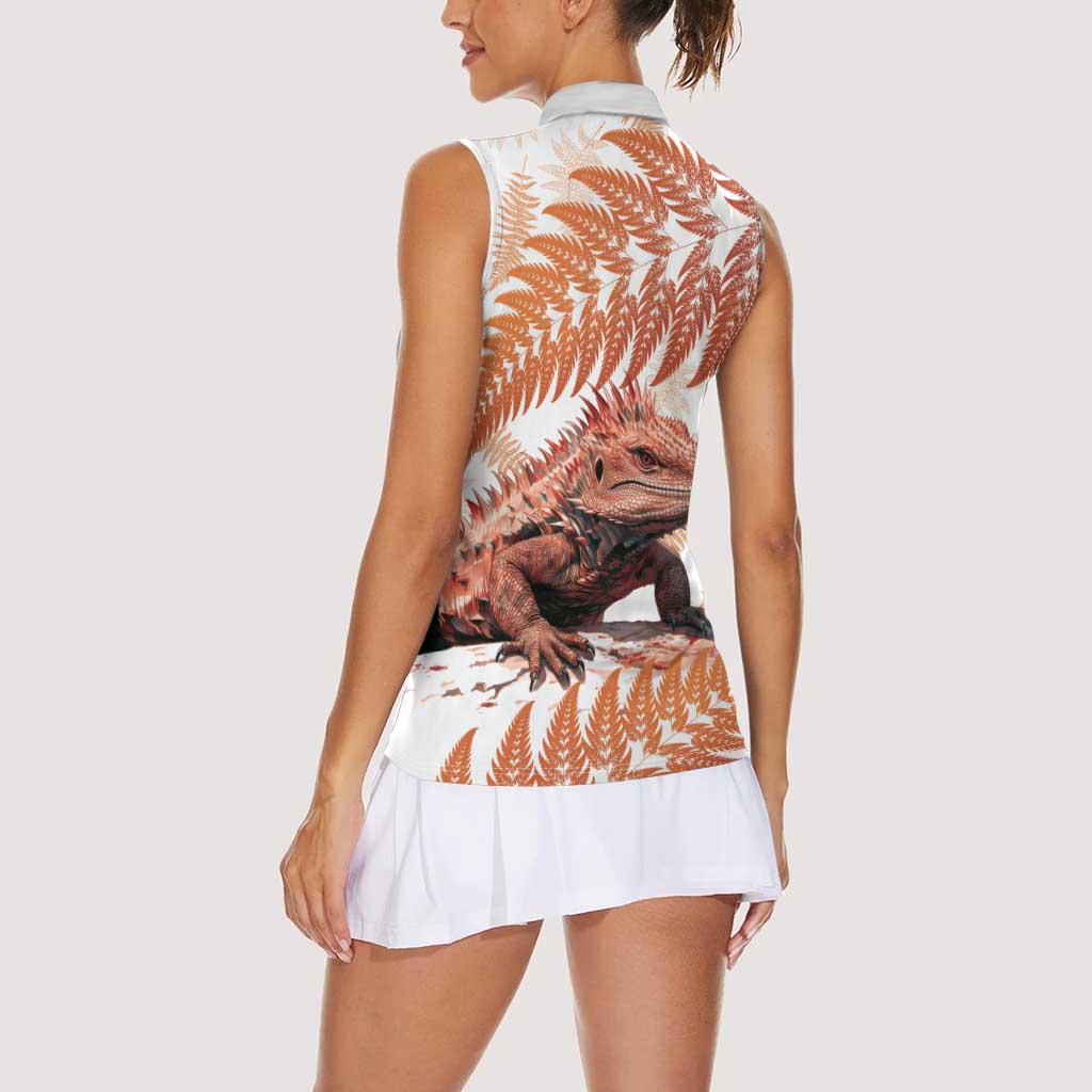 Red New Zealand Tuatara Women Sleeveless Polo Shirt Aotearoa Sphenodon Punctatus Silver Fern