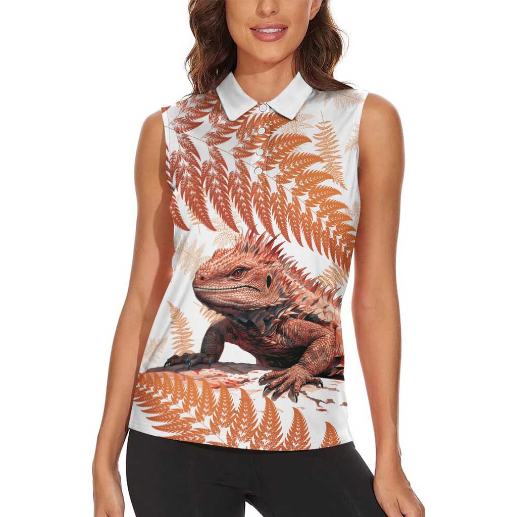 Red New Zealand Tuatara Women Sleeveless Polo Shirt Aotearoa Sphenodon Punctatus Silver Fern