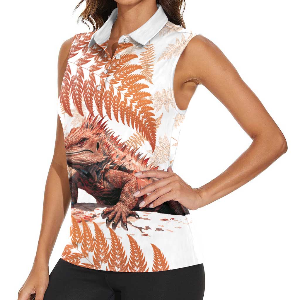 Red New Zealand Tuatara Women Sleeveless Polo Shirt Aotearoa Sphenodon Punctatus Silver Fern