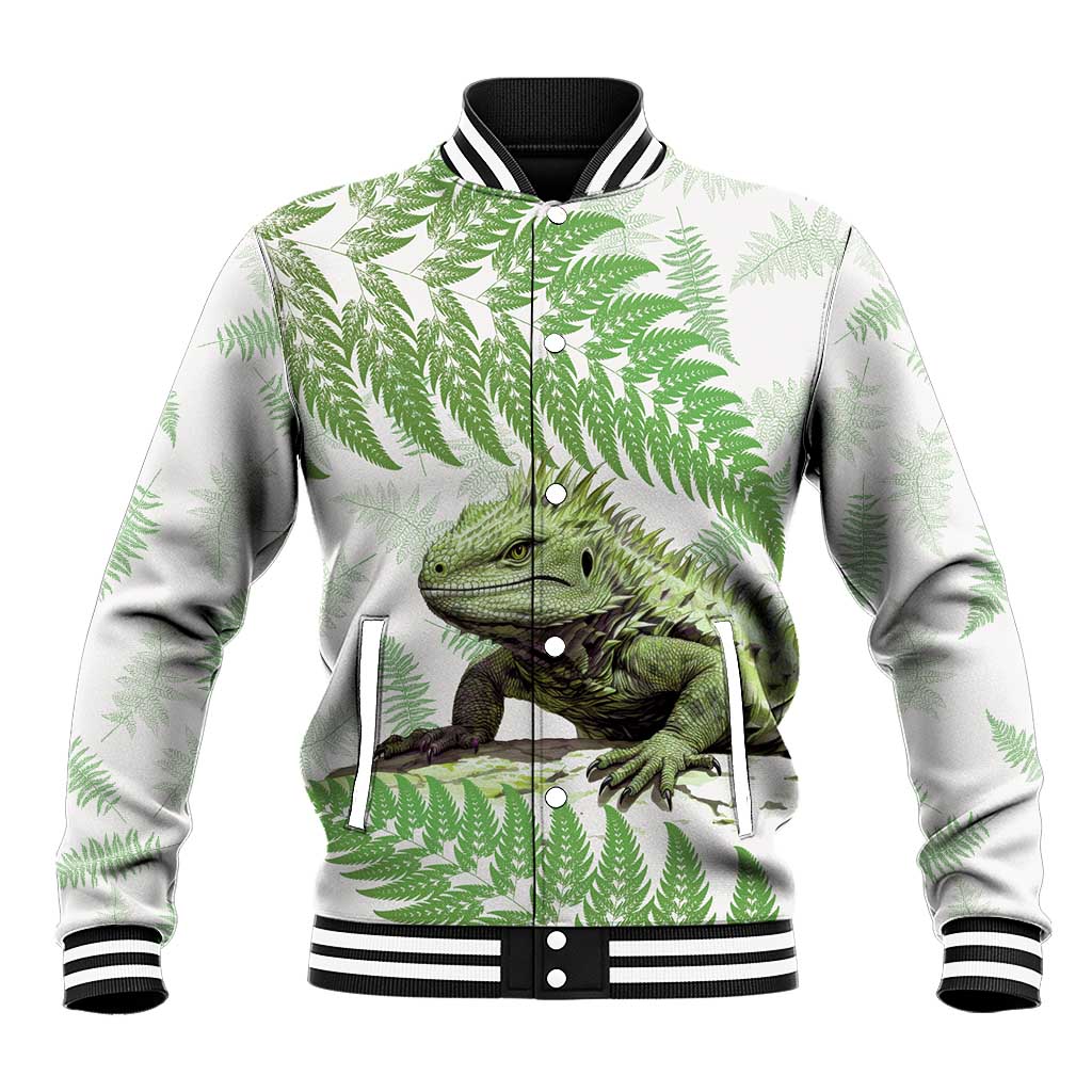 Green New Zealand Tuatara Baseball Jacket Aotearoa Sphenodon Punctatus Silver Fern