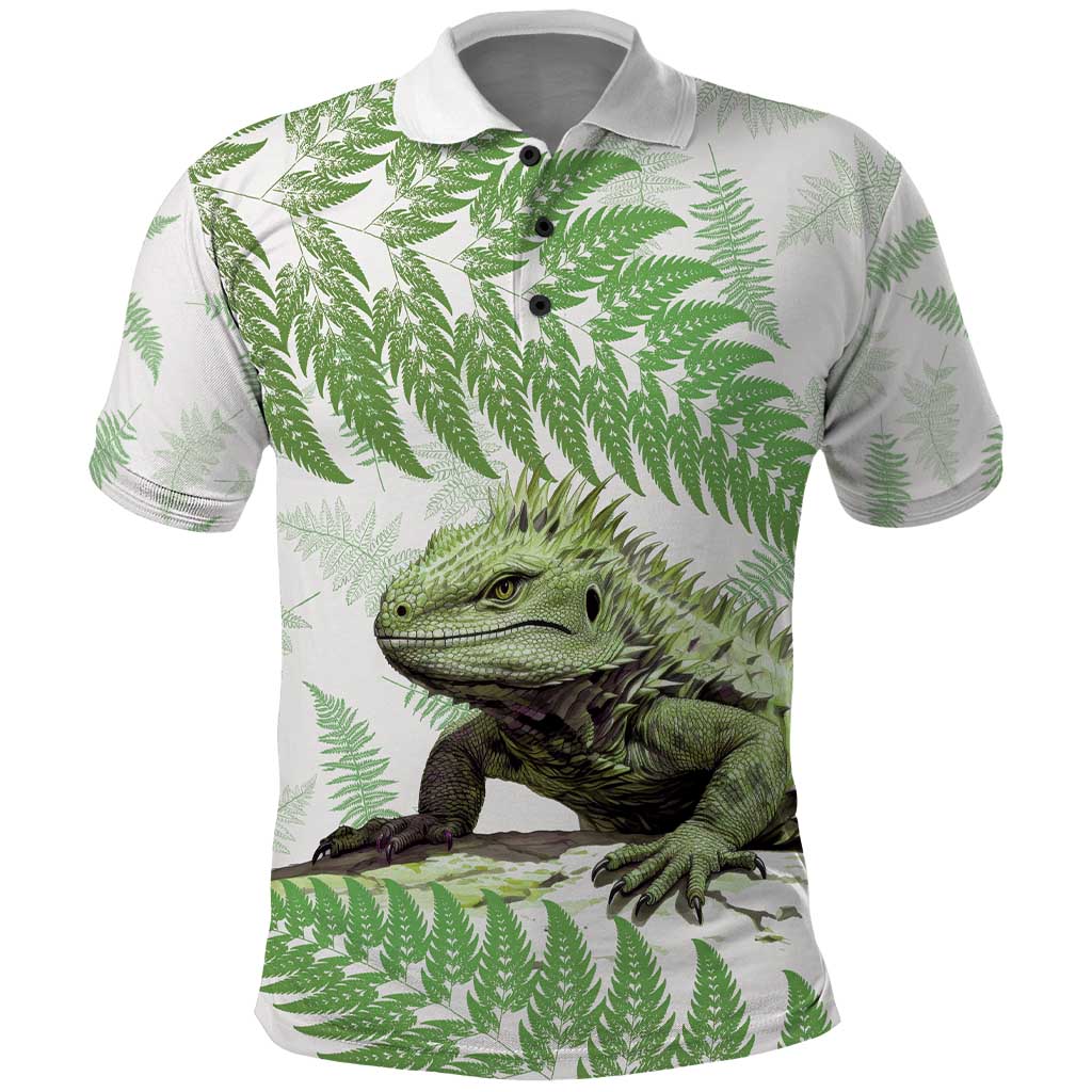 Green New Zealand Tuatara Polo Shirt Aotearoa Sphenodon Punctatus Silver Fern