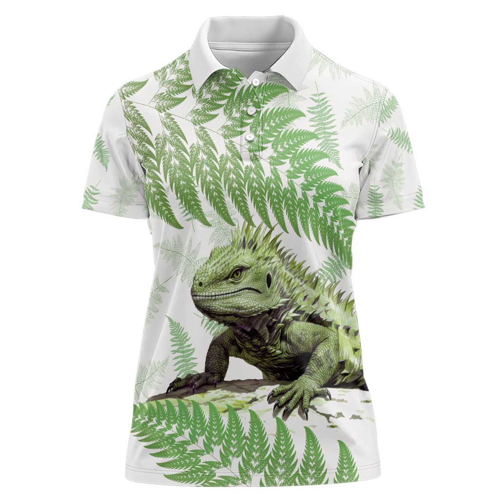 Green New Zealand Tuatara Women Polo Shirt Aotearoa Sphenodon Punctatus Silver Fern